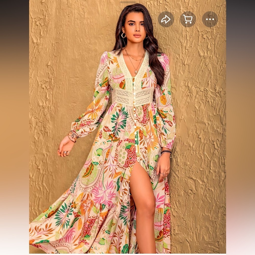 Rusttydustty Lace Trim Floral V Neck Maxi Dress 0X - Picture 12 of 14